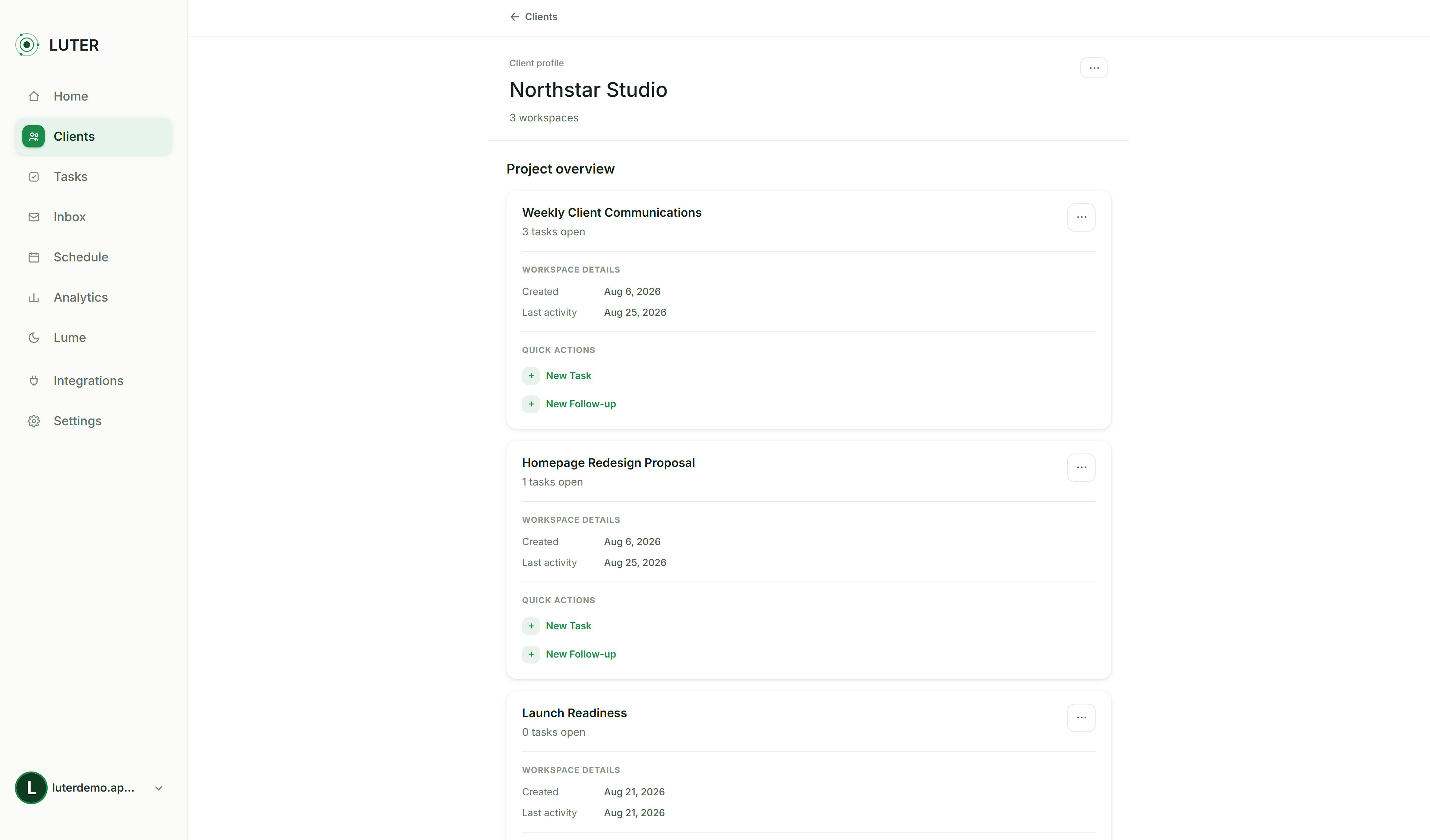 Client management and follow-up tracking view in Luter