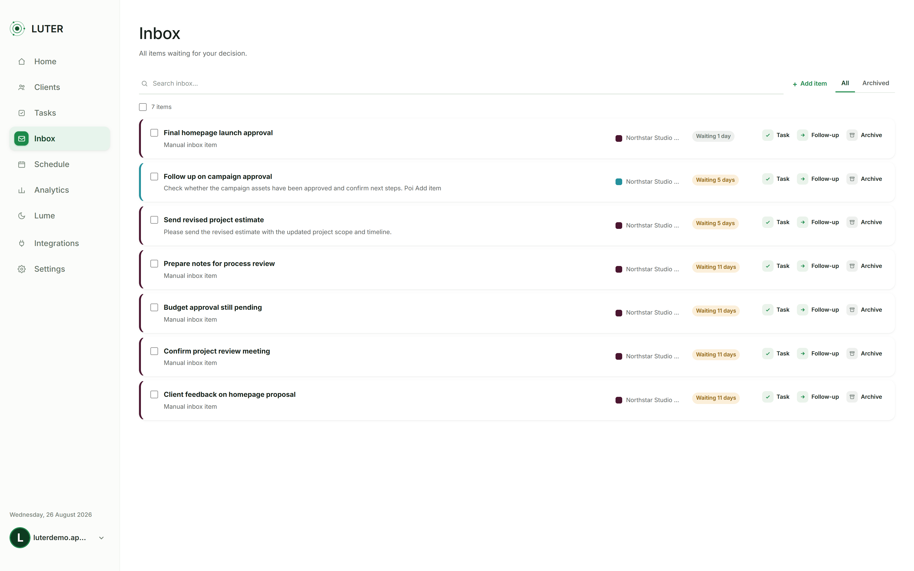 Inbox view showing messages converted into tasks in Luter