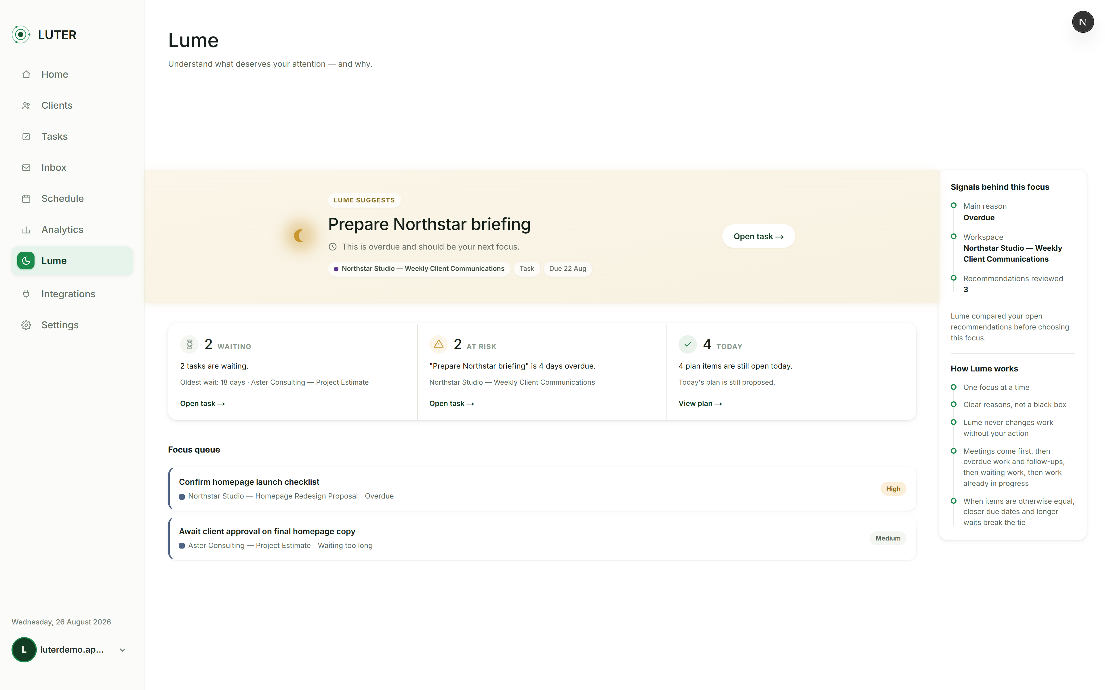 Focused view in Luter highlighting priorities, deadlines and follow-ups