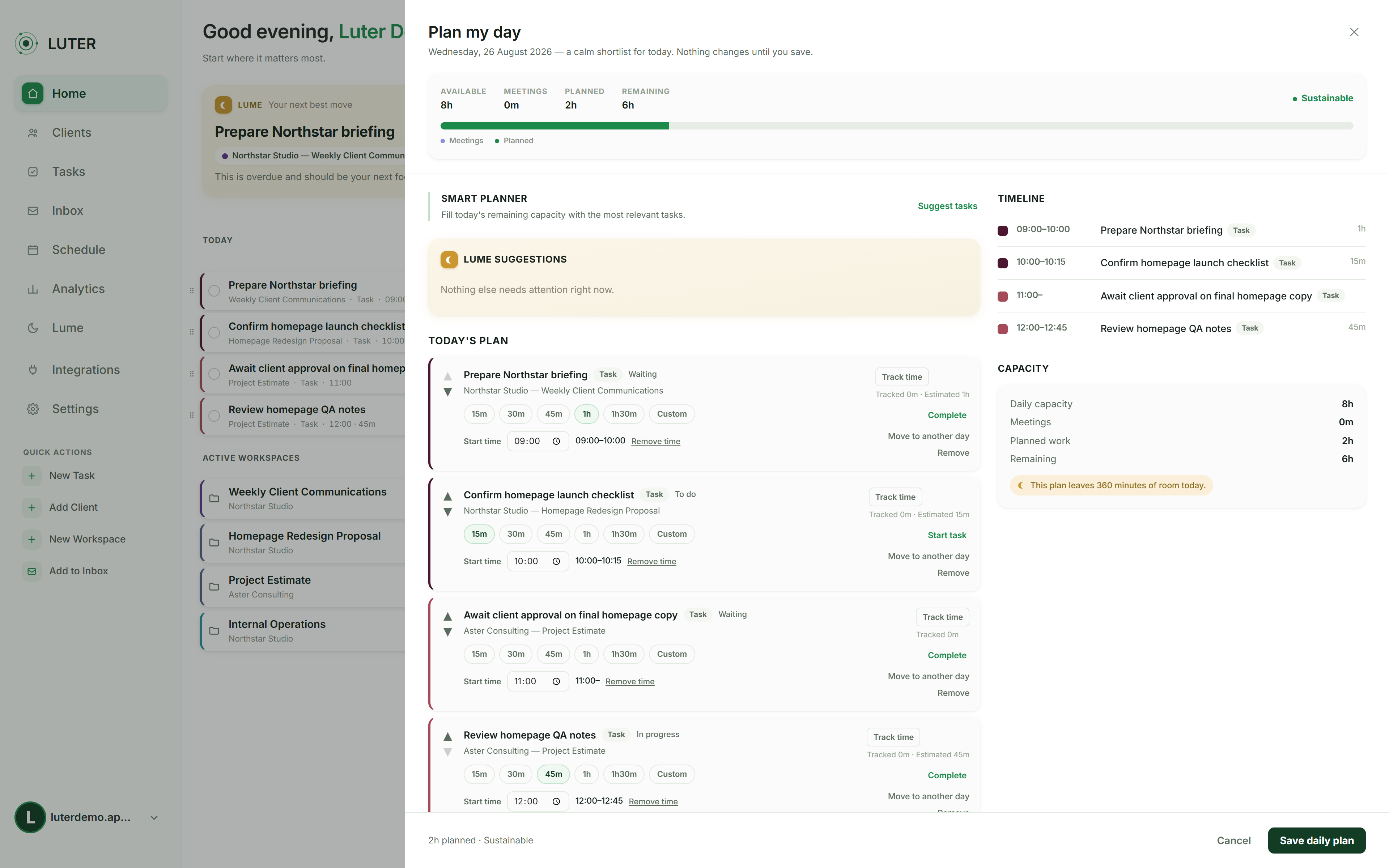 Luter workspace showing tasks, calendar and inbox in one view