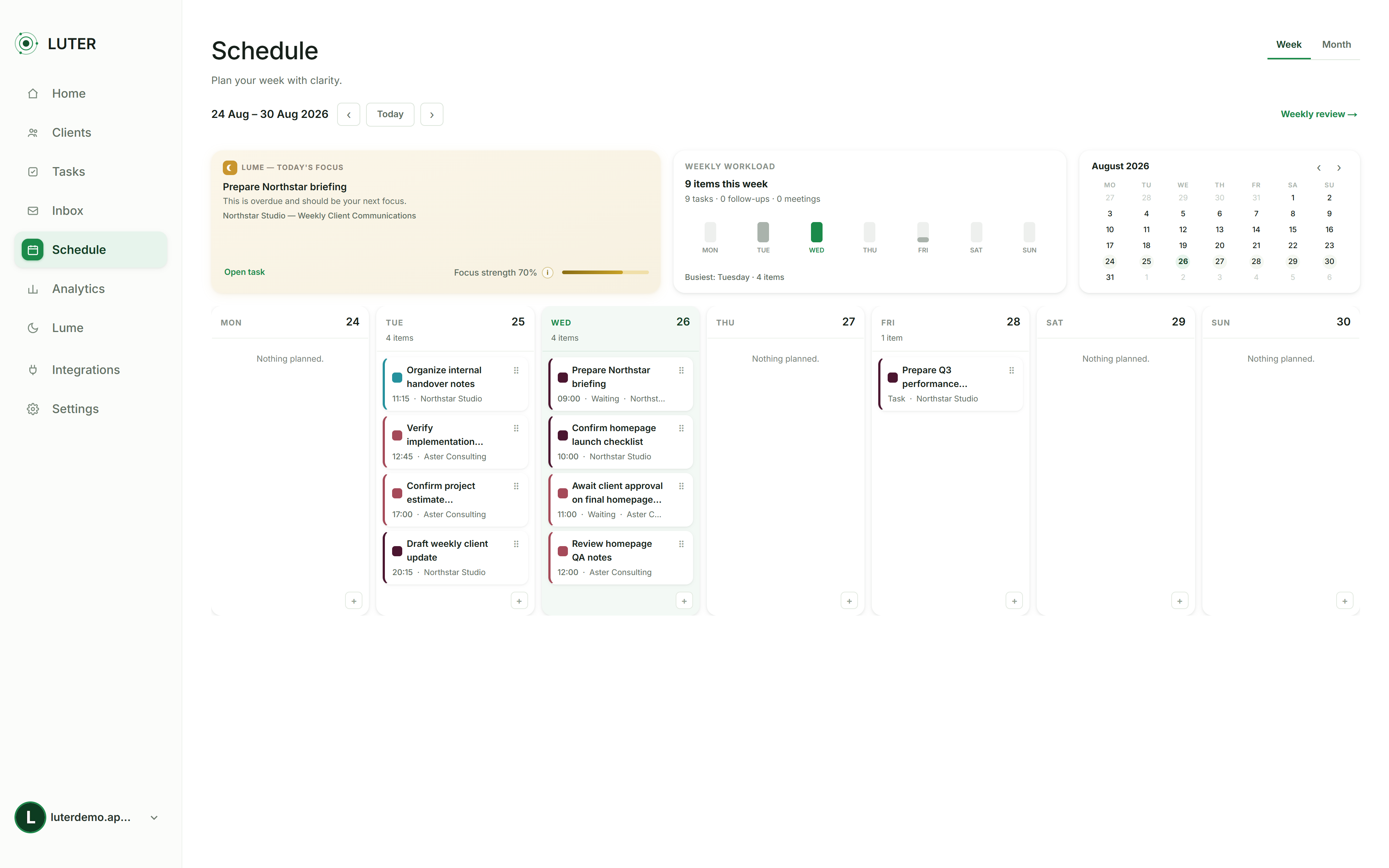 Calendar and scheduling view in Luter
