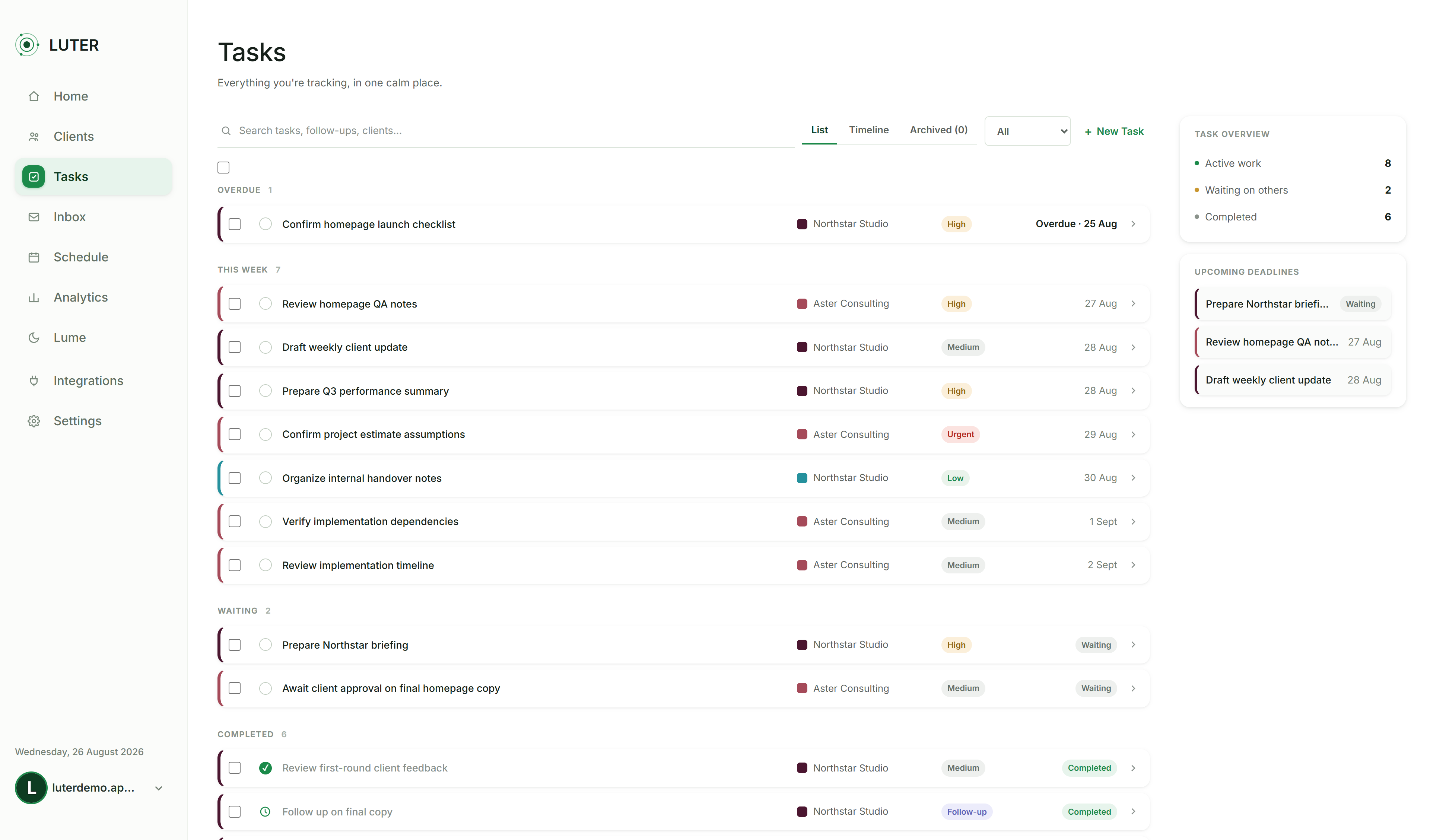 Task list and daily planning view in Luter