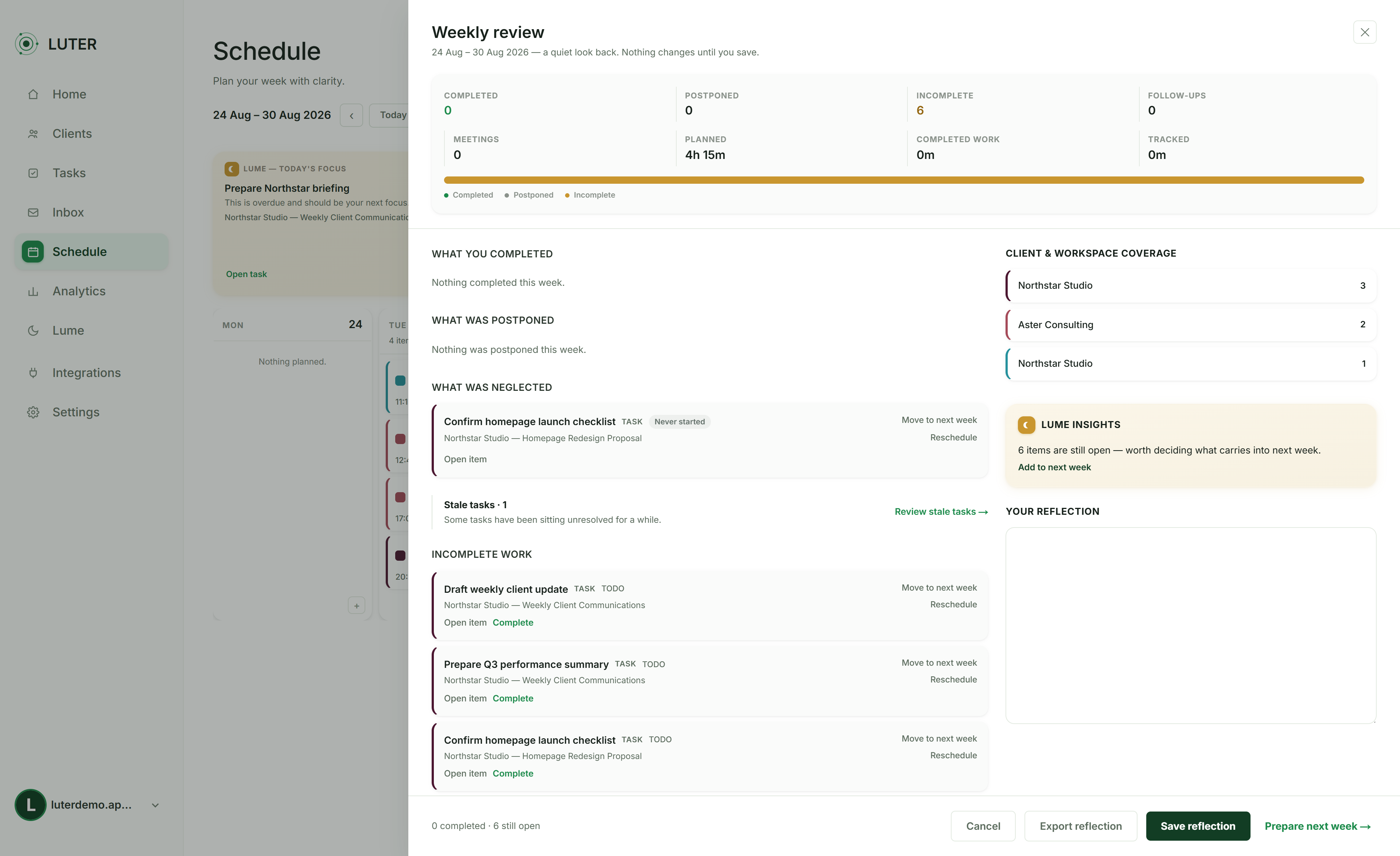 Client and task overview in Luter
